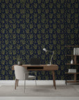 Olive & Gilt elegant navy botanical wallpaper as a feature wall in a bright home office