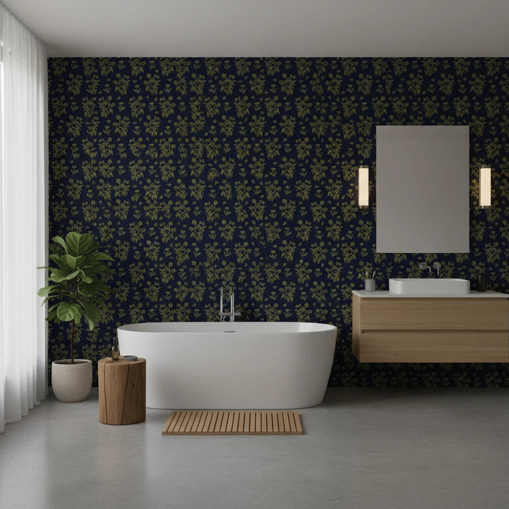 Olive &amp; Gilt elegant navy botanical wallpaper creating ambiance in a serene bathroom