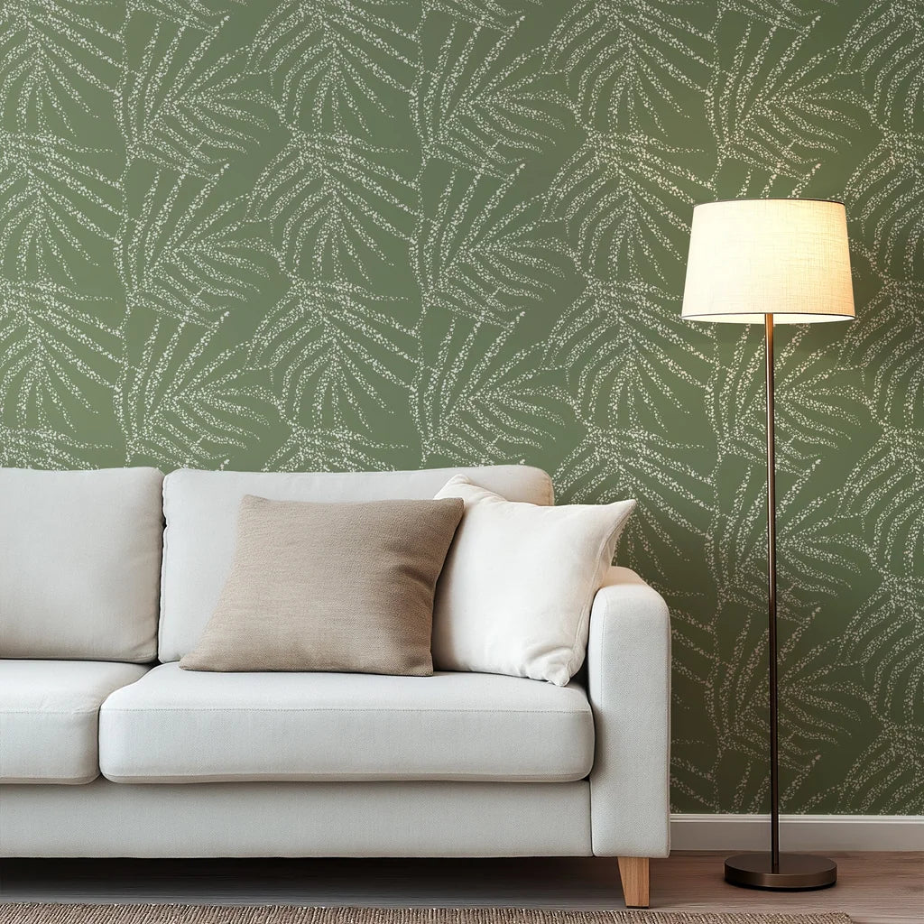 A fluid, organic abstract pattern covers this olive green wall surface, highlighted by dynamic, white, speckled paint strokes