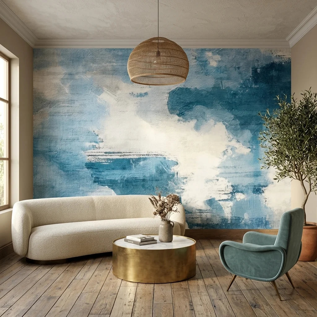 Linen-like blue and white abstract cloudscape peel and stick wallpaper - Open Blue