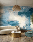 Linen-like blue and white abstract cloudscape peel and stick wallpaper - Open Blue