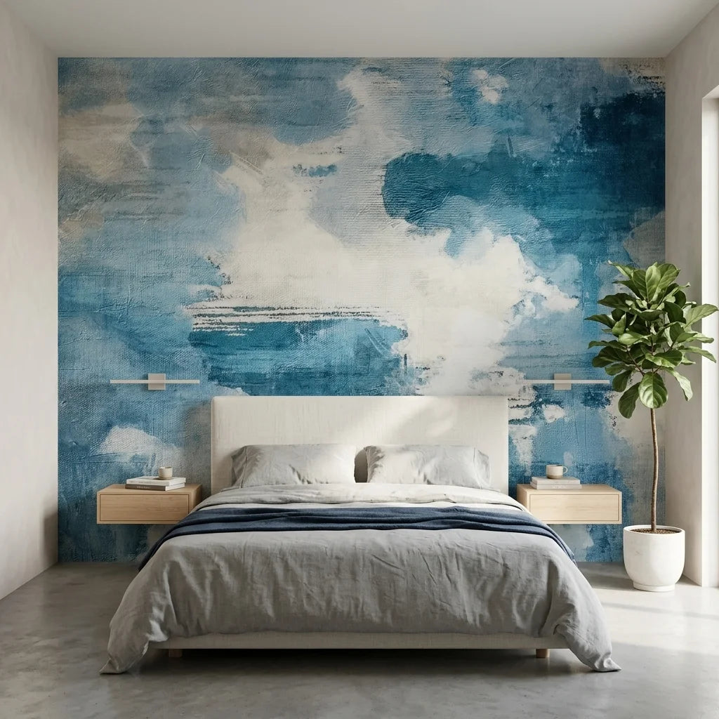 Open Blue serene blue cloudscape abstract wallpaper in a warm and inviting living room