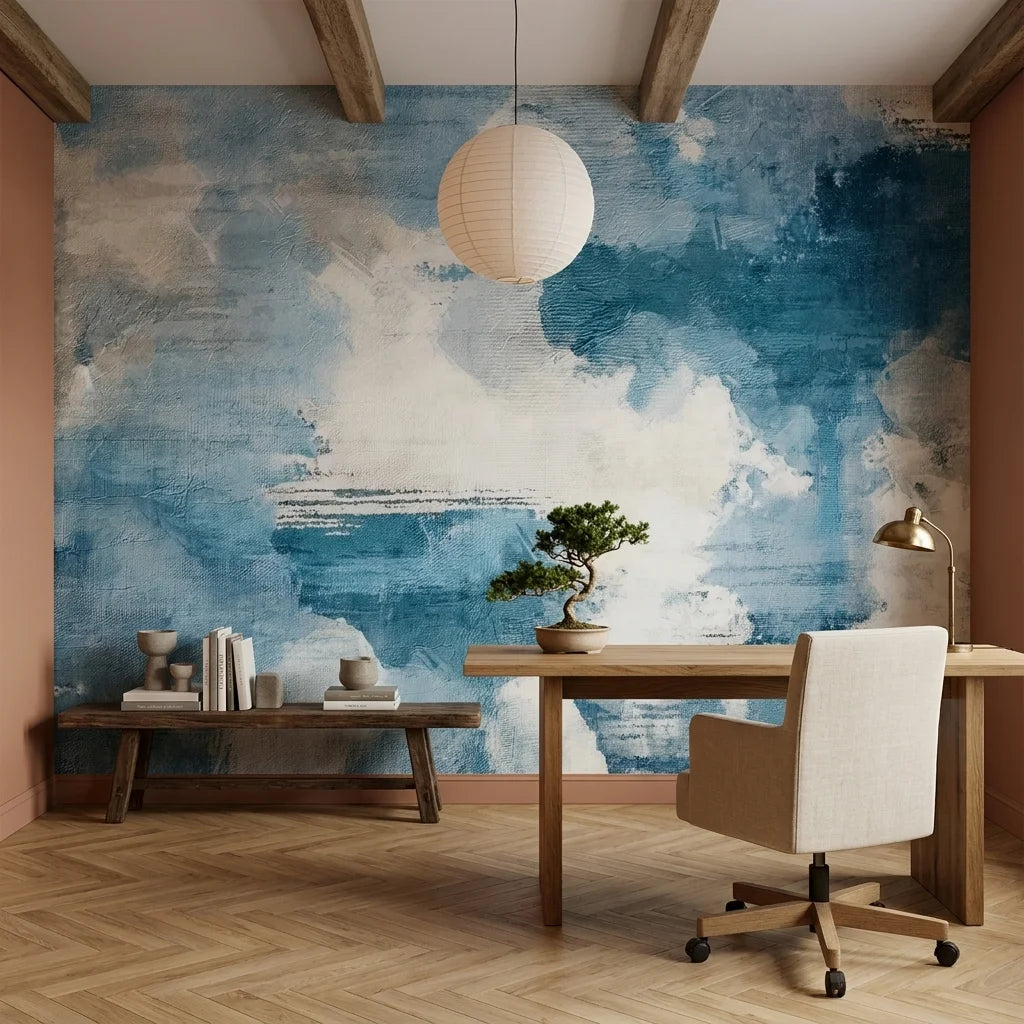 Open Blue serene blue cloudscape abstract wallpaper adding character to a cozy bedroom