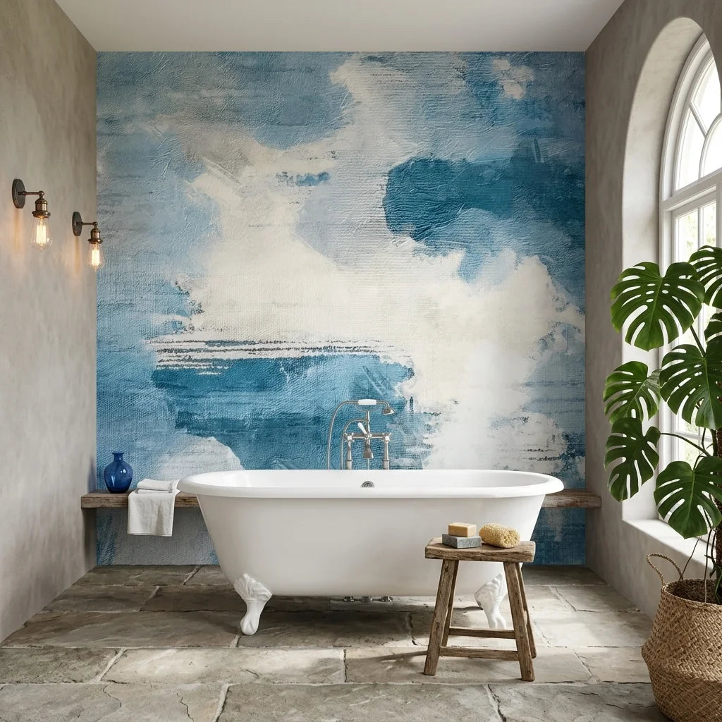 Open Blue serene blue cloudscape abstract wallpaper as a feature wall in a bright home office