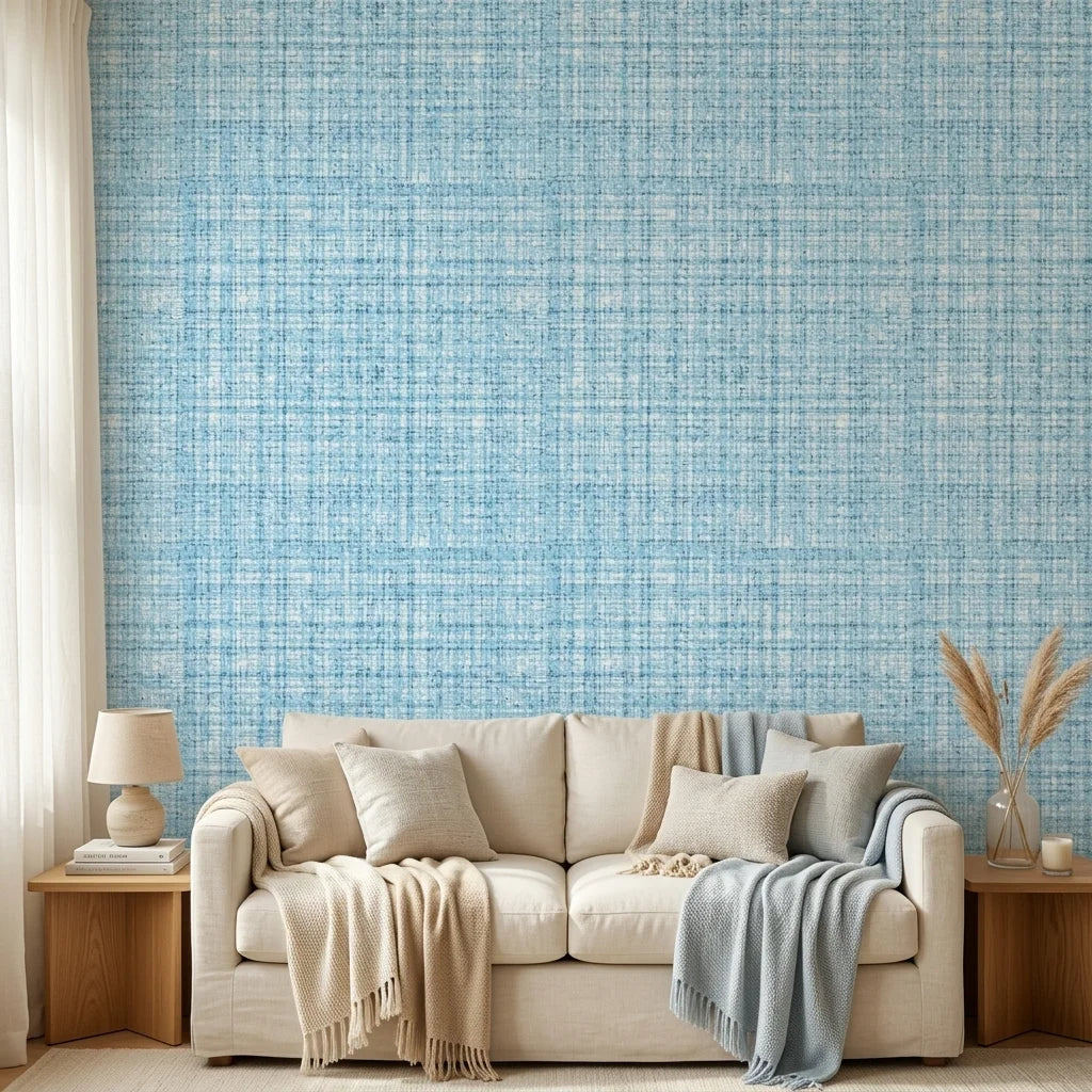 Open Water blue abstract texture wallpaper in a warm and inviting living room