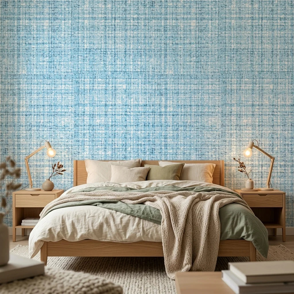 Open Water blue abstract texture wallpaper adding character to a cozy bedroom