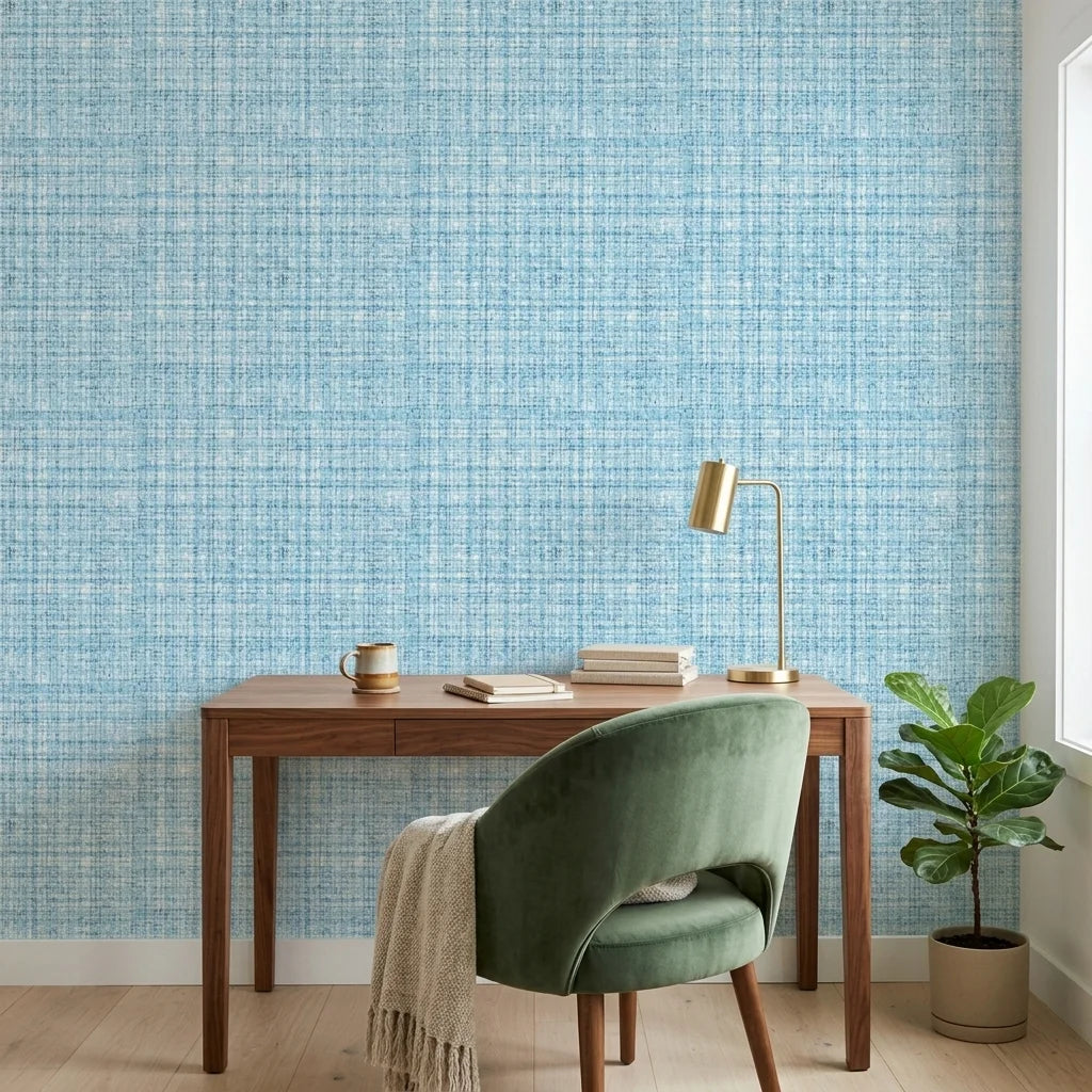 Open Water blue abstract texture wallpaper as a feature wall in a bright home office