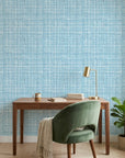 Open Water blue abstract texture wallpaper as a feature wall in a bright home office