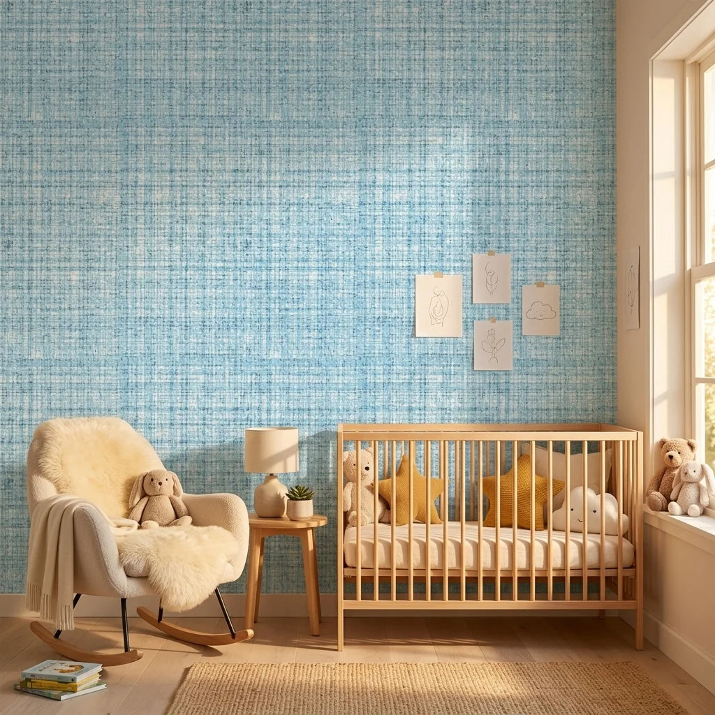 Open Water blue abstract texture wallpaper bringing warmth to a peaceful nursery
