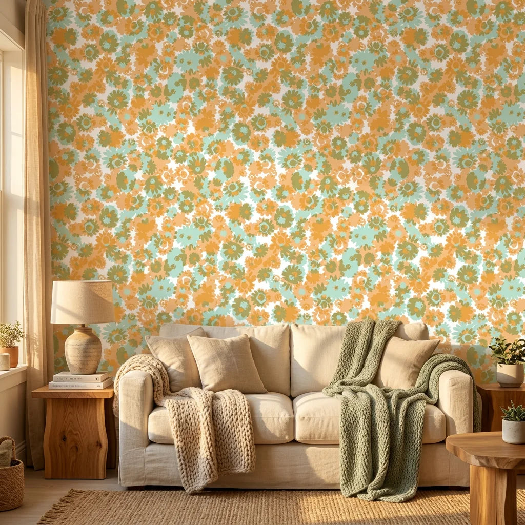 Orchard Zest retro floral peel and stick wallpaper in a warm and inviting living room