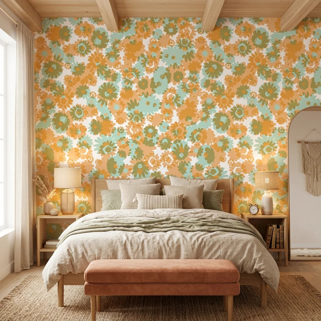 Orchard Zest retro floral peel and stick wallpaper adding character to a cozy bedroom