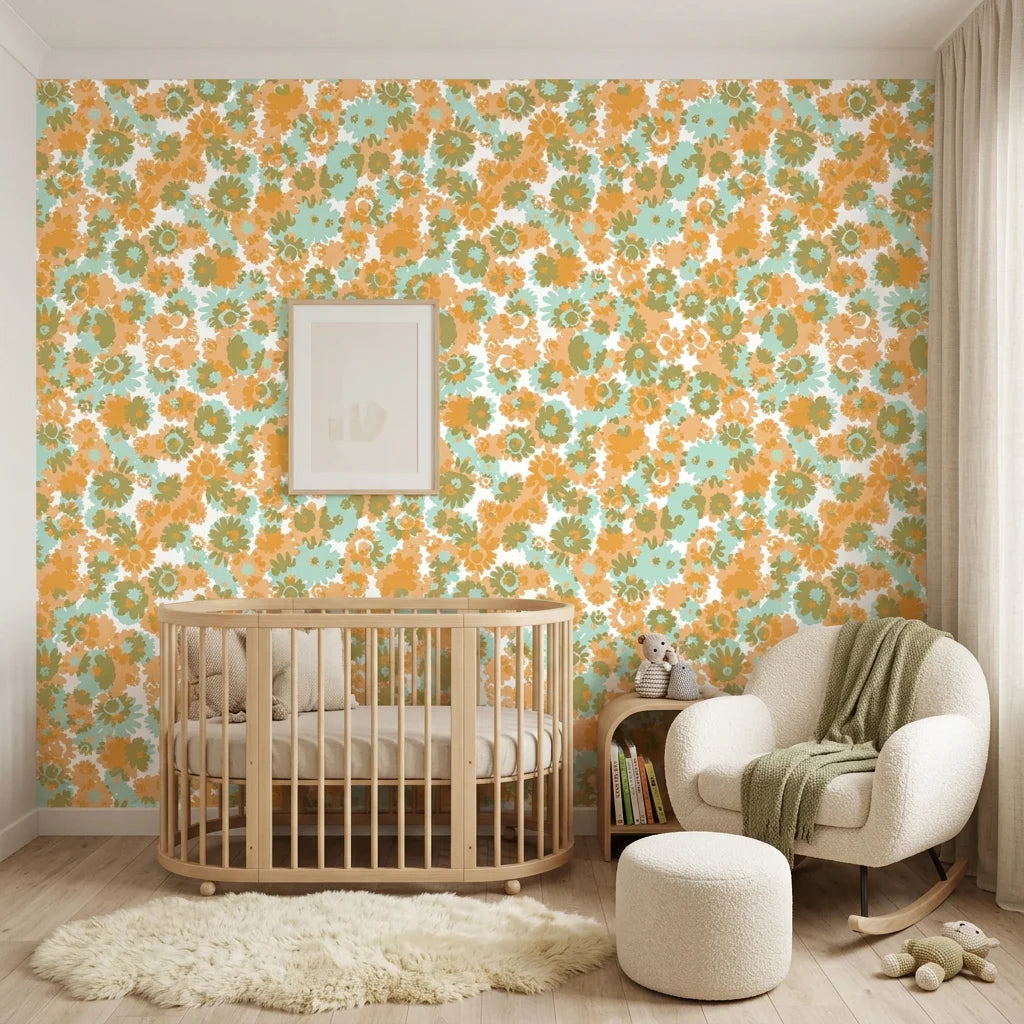 Orchard Zest retro floral peel and stick wallpaper as a feature wall in a bright home office