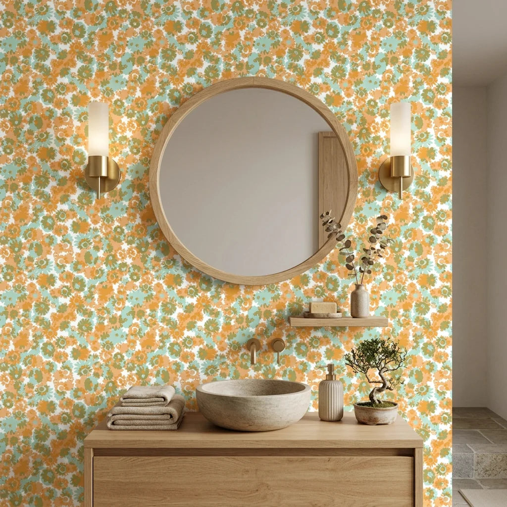 Orchard Zest retro floral peel and stick wallpaper creating ambiance in a serene bathroom