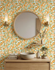 Orchard Zest retro floral peel and stick wallpaper creating ambiance in a serene bathroom