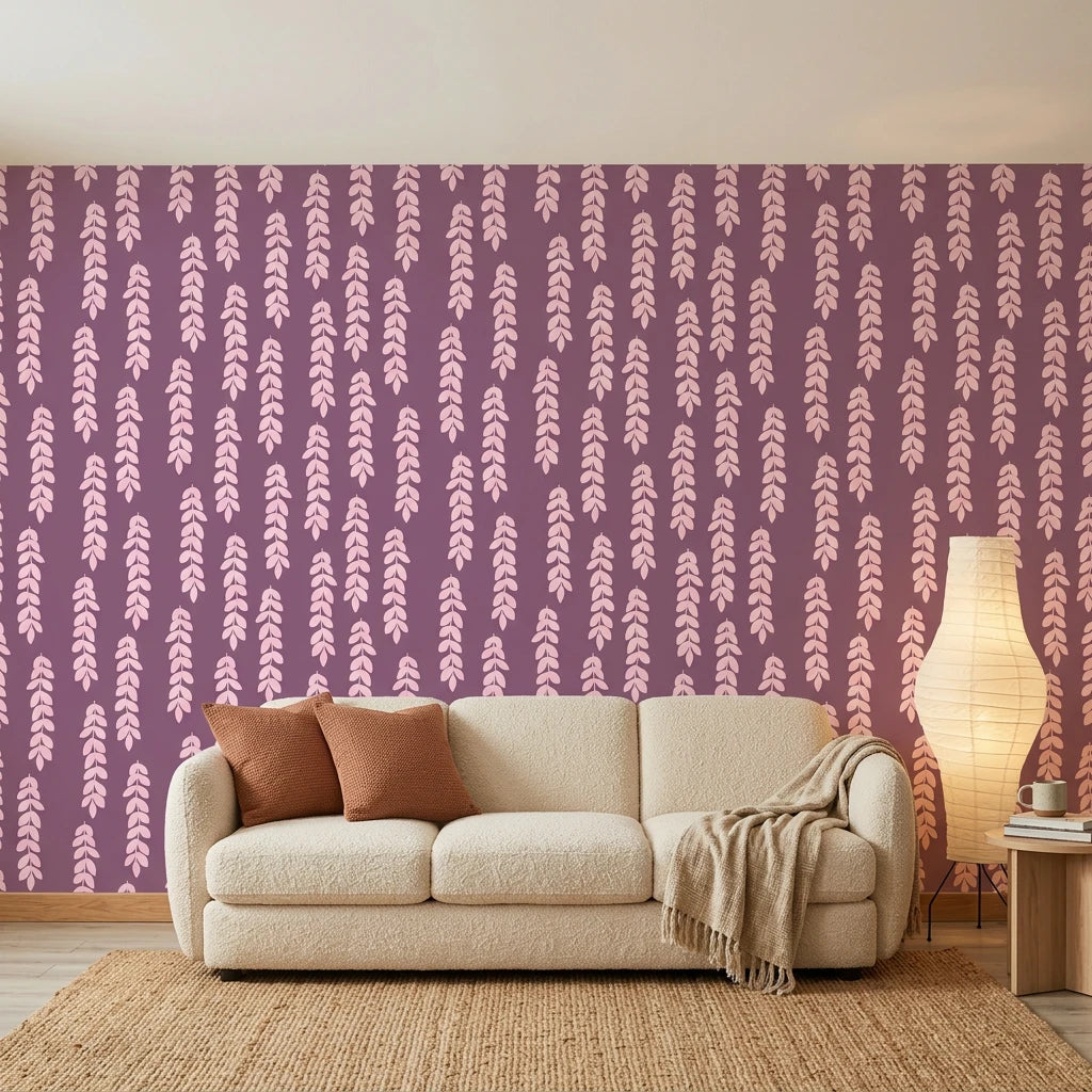 Orchid Veil serene purple cascading leaf wallpaper in a warm and inviting living room