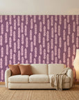 Orchid Veil serene purple cascading leaf wallpaper in a warm and inviting living room