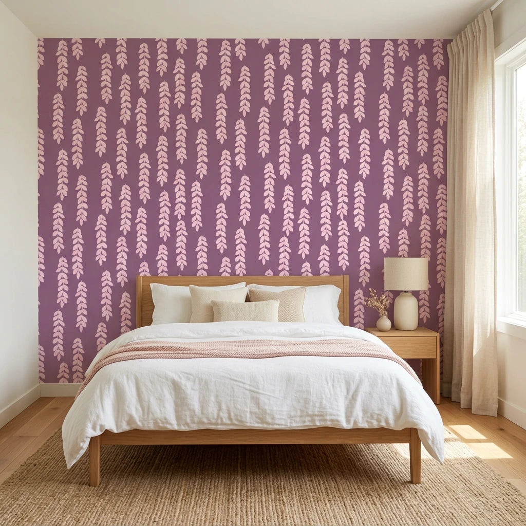 Orchid Veil serene purple cascading leaf wallpaper adding character to a cozy bedroom