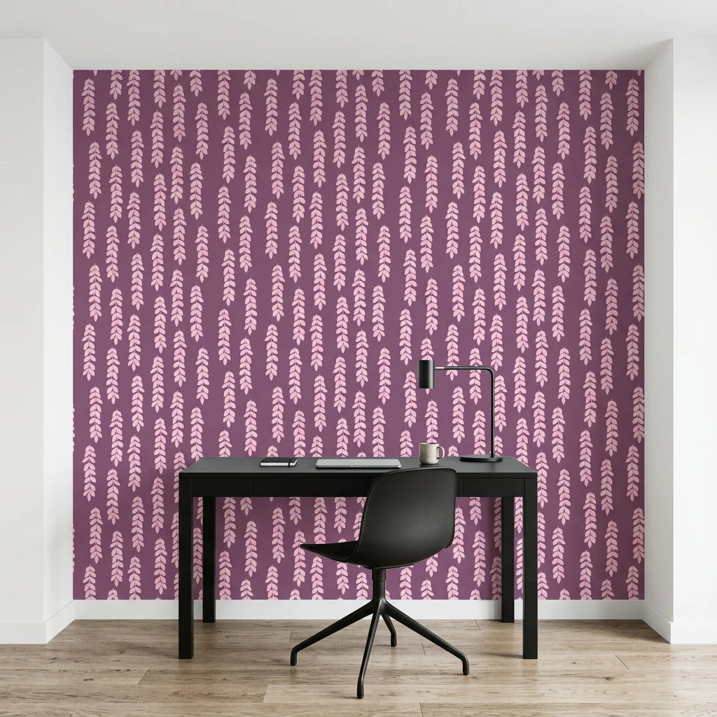 Orchid Veil serene purple cascading leaf wallpaper as a feature wall in a bright home office