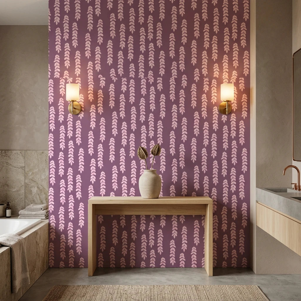 Orchid Veil serene purple cascading leaf wallpaper creating ambiance in a serene bathroom