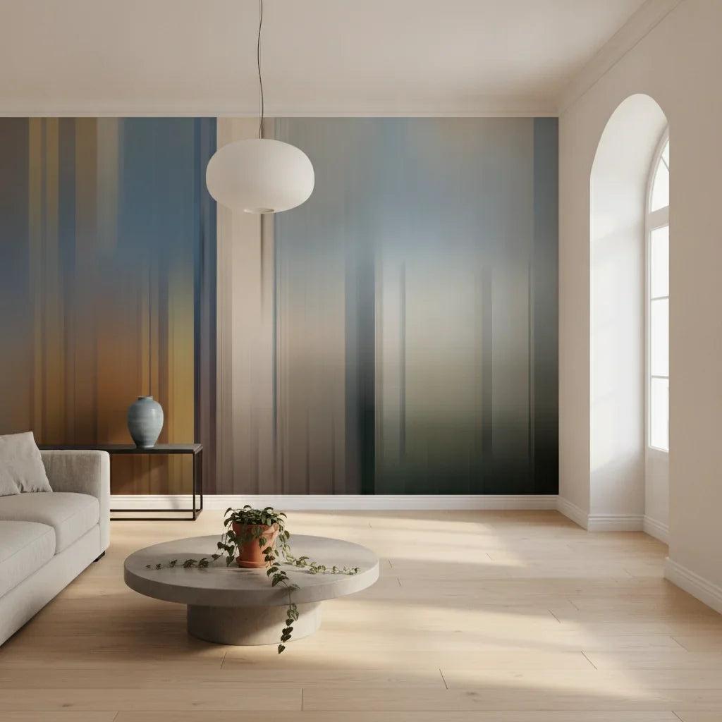 Organic Pour amber and teal abstract paint in a warm and inviting living room