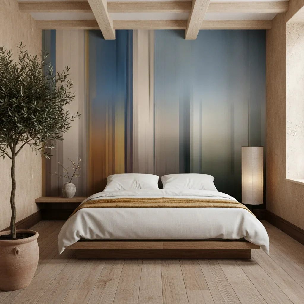 Organic Pour amber and teal abstract paint adding character to a cozy bedroom