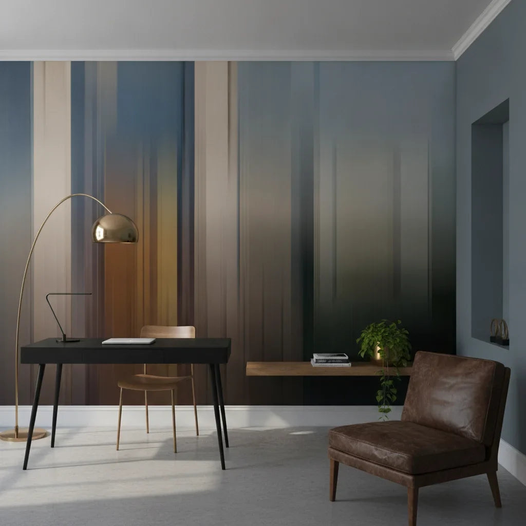 Organic Pour amber and teal abstract paint as a feature wall in a bright home office