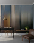 Organic Pour amber and teal abstract paint as a feature wall in a bright home office