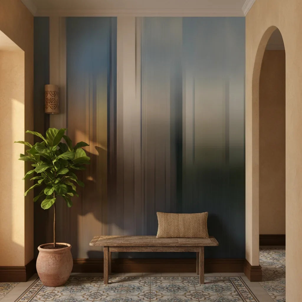 Organic Pour amber and teal abstract paint creating ambiance in a serene bathroom