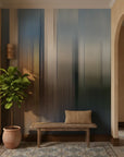 Organic Pour amber and teal abstract paint creating ambiance in a serene bathroom
