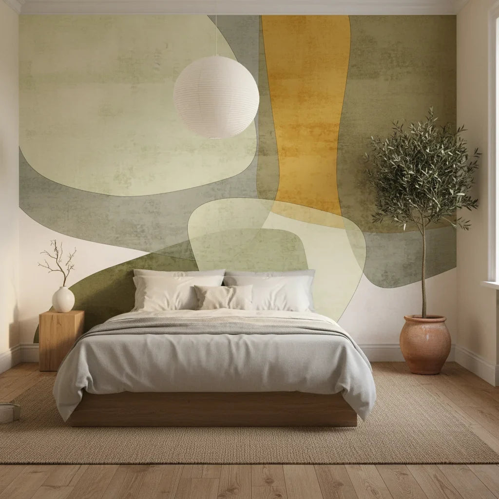 Organic Terrain olive and amber modern abstract in a warm and inviting living room