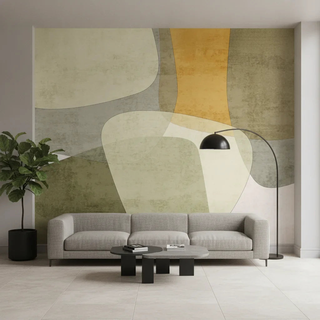 Organic Terrain olive and amber modern abstract adding character to a cozy bedroom