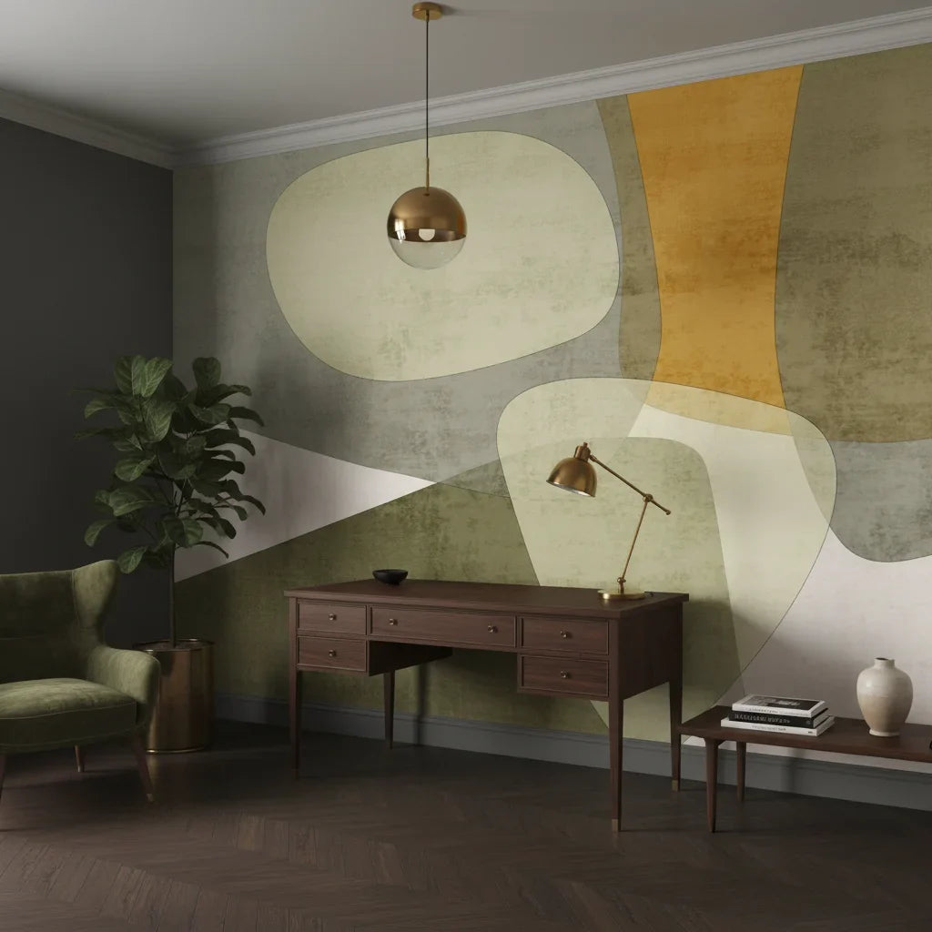 Organic Terrain olive and amber modern abstract as a feature wall in a bright home office