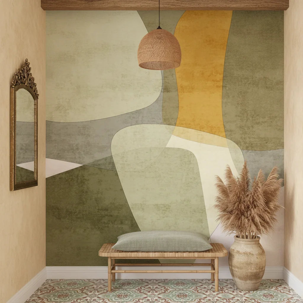 Organic Terrain olive and amber modern abstract creating ambiance in a serene bathroom