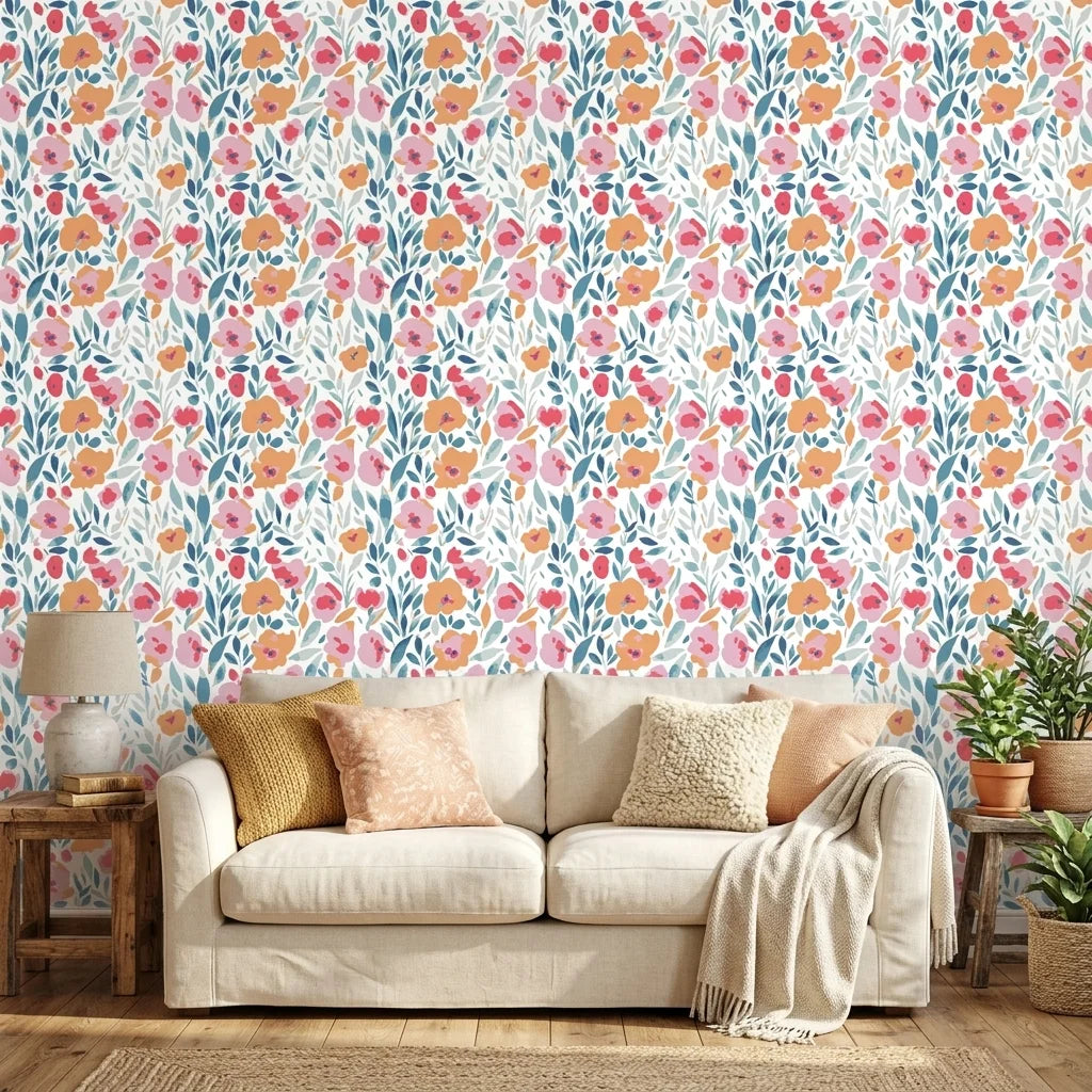 Painted Blooms pastel floral peel and stick wallpaper in a warm and inviting living room