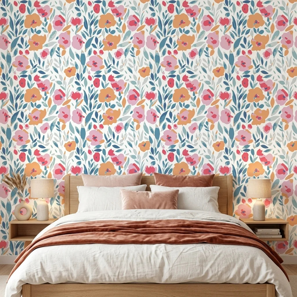 Painted Blooms pastel floral peel and stick wallpaper adding character to a cozy bedroom