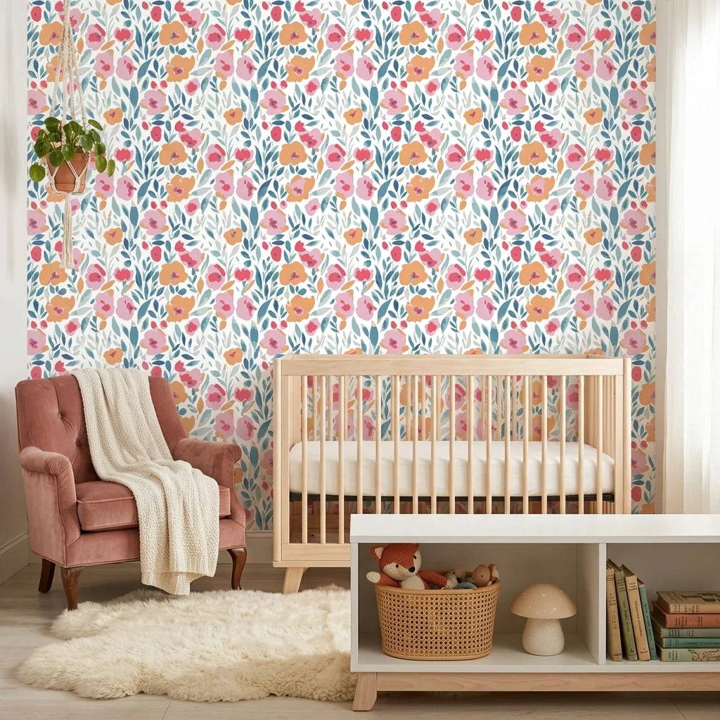 Painted Blooms pastel floral peel and stick wallpaper as a feature wall in a bright home office