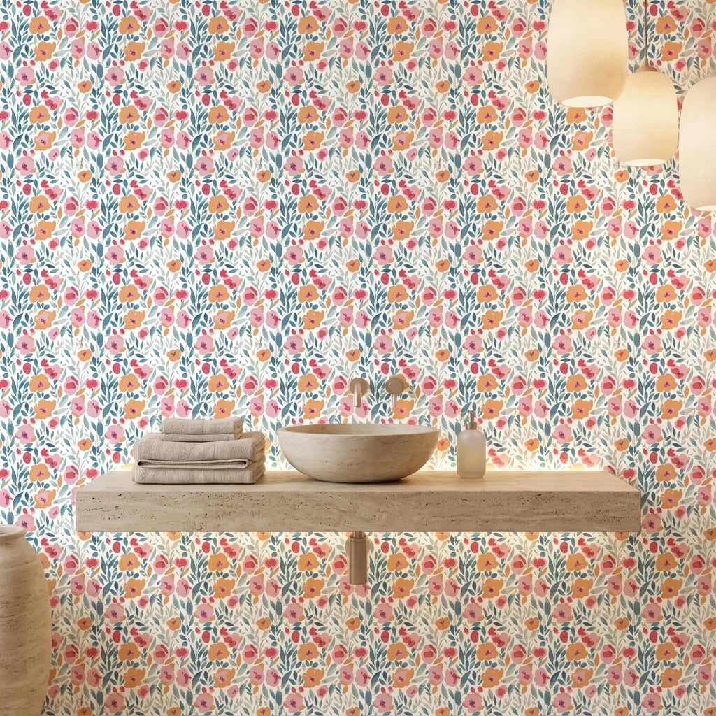 Painted Blooms pastel floral peel and stick wallpaper creating ambiance in a serene bathroom