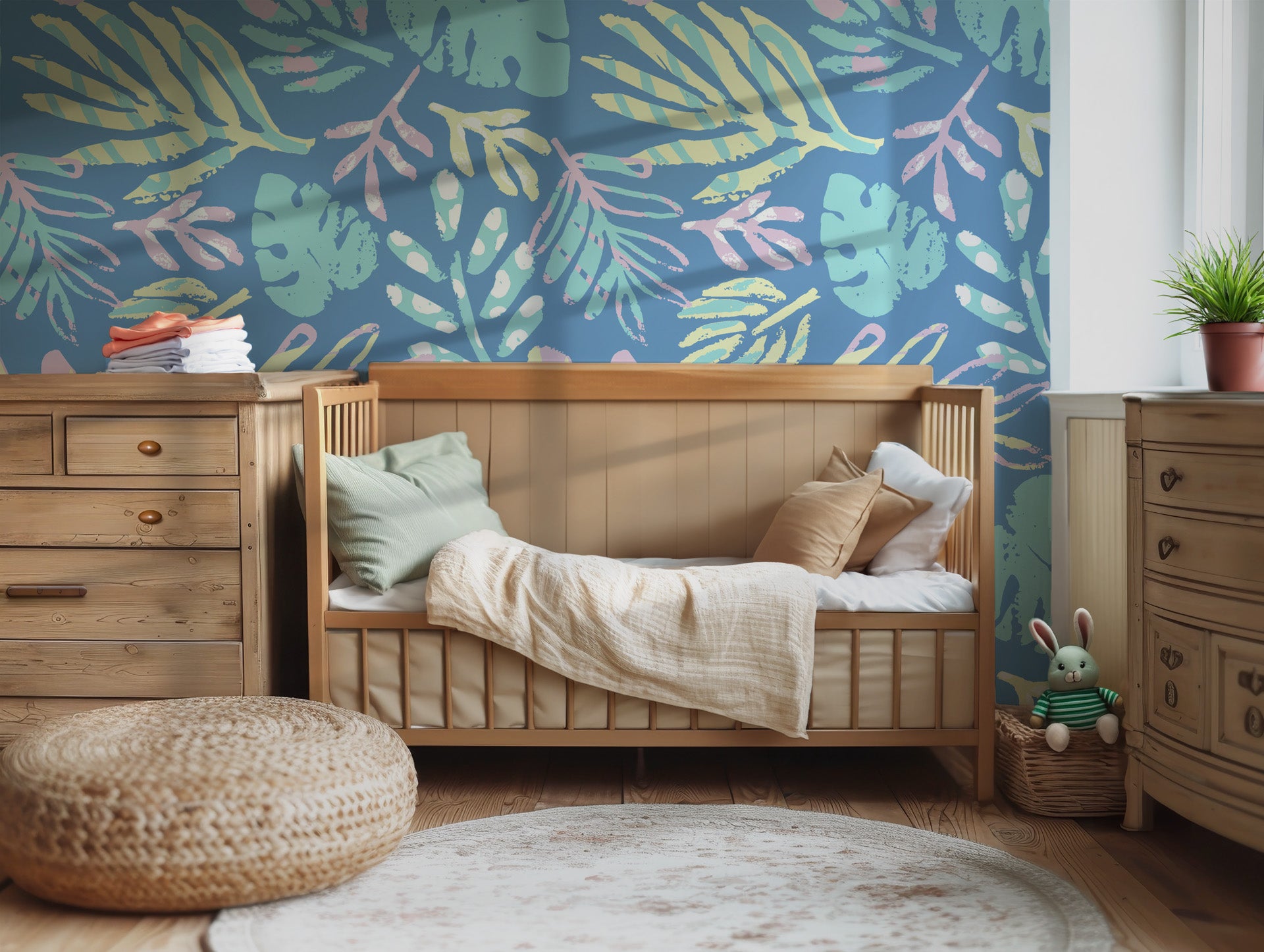 Pastel-toned tropical palm fronds rendered in a chalk-effect style on a calming blue wallpaper