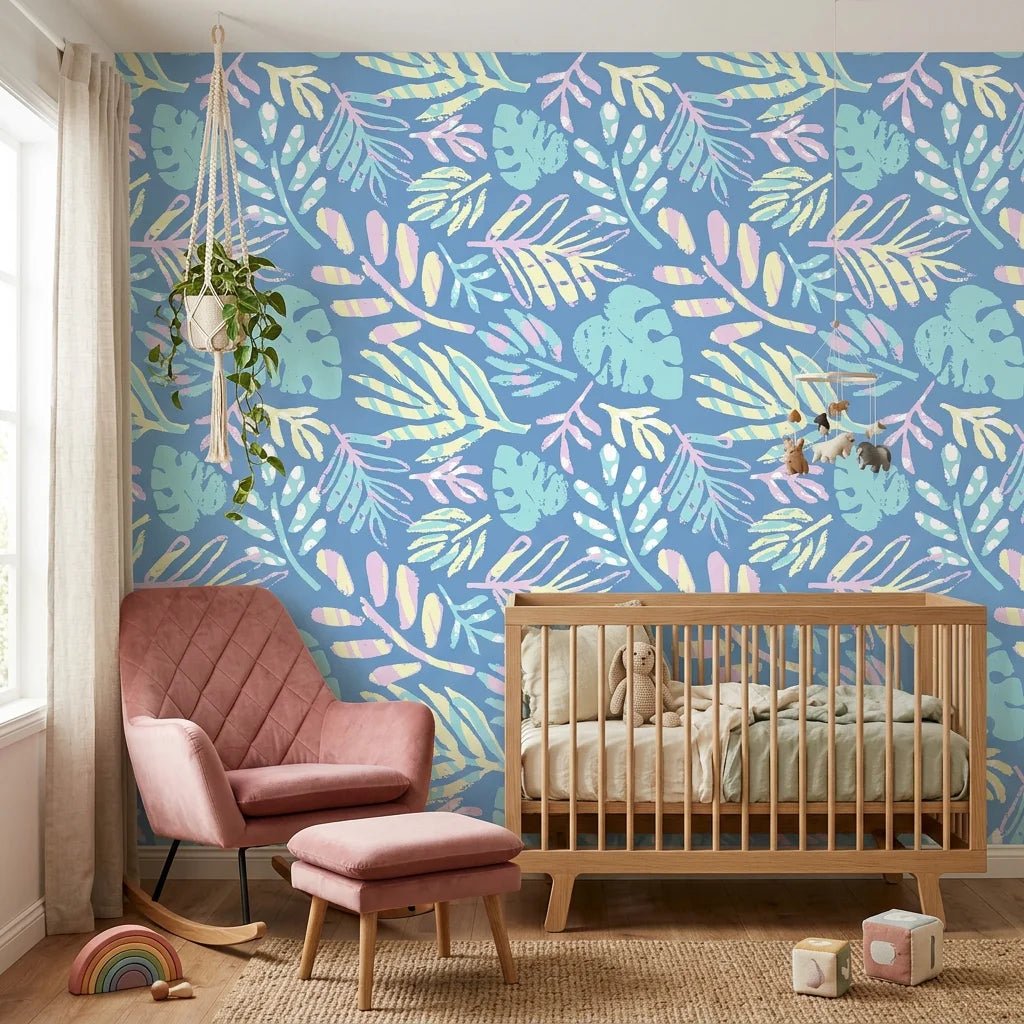 Painted Breeze pastel palm wallpaper in a warm and inviting living room