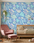 Painted Breeze pastel palm wallpaper in a warm and inviting living room