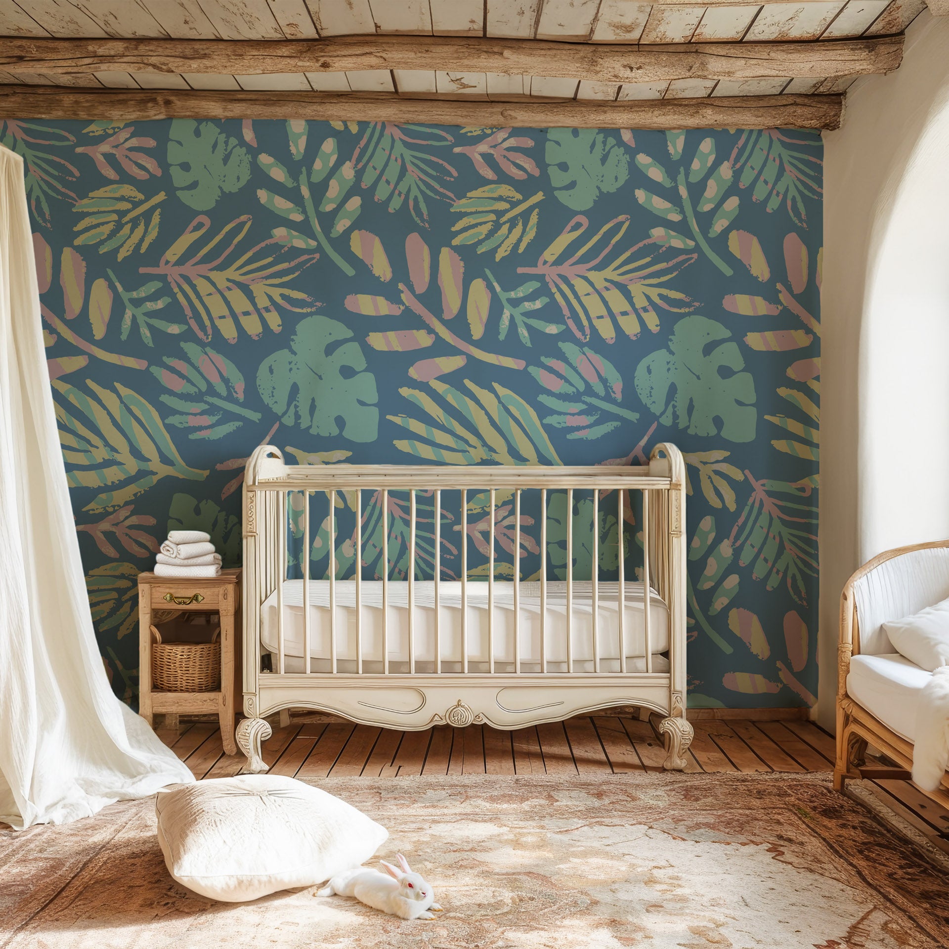Removable wallcovering featuring a non-reflective light blue surface and exotic leaf patterns - Painted Breeze