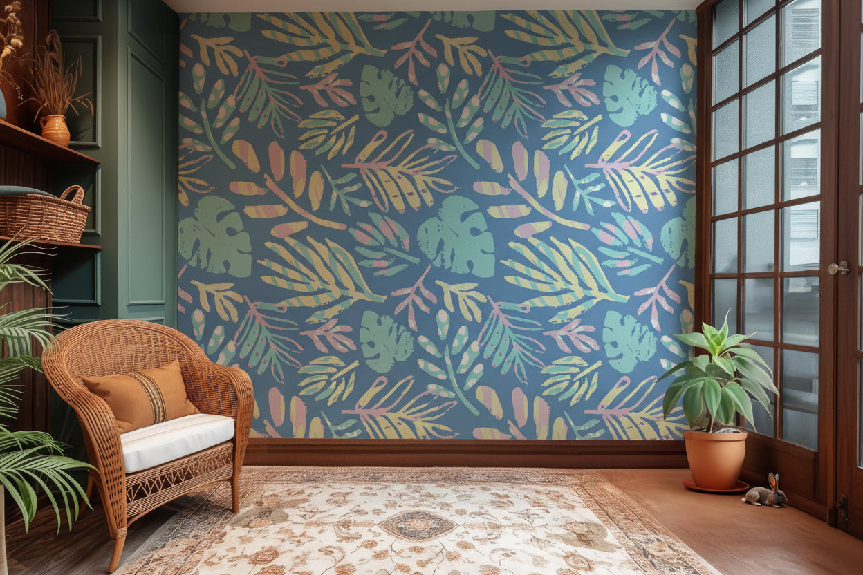 Serene blue wall covering displaying hand-drawn, chalk-effect tropical foliage in light, pastel colors.