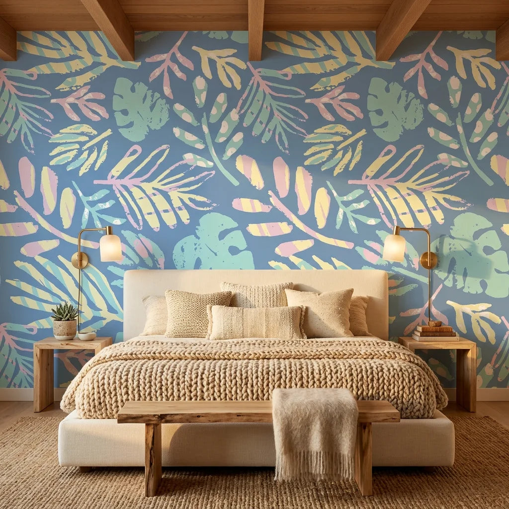 Painted Breeze pastel palm wallpaper adding character to a cozy bedroom