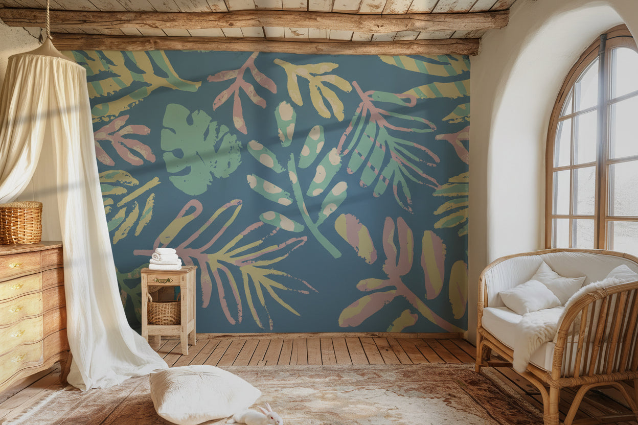 An airy, blue wall treatment featuring hand-drawn tropical palm fronds in light, muted tones