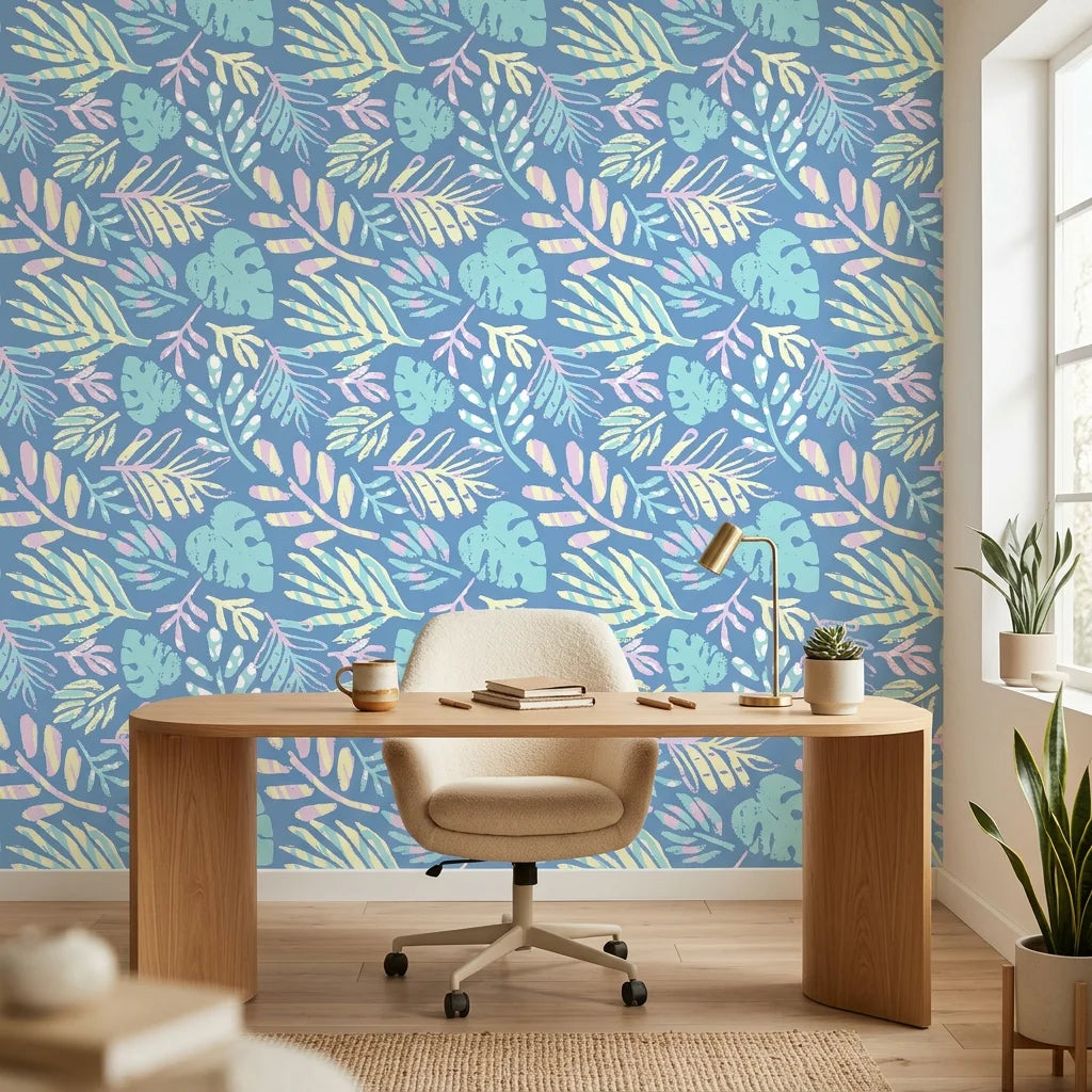 Painted Breeze pastel palm wallpaper as a feature wall in a bright home office