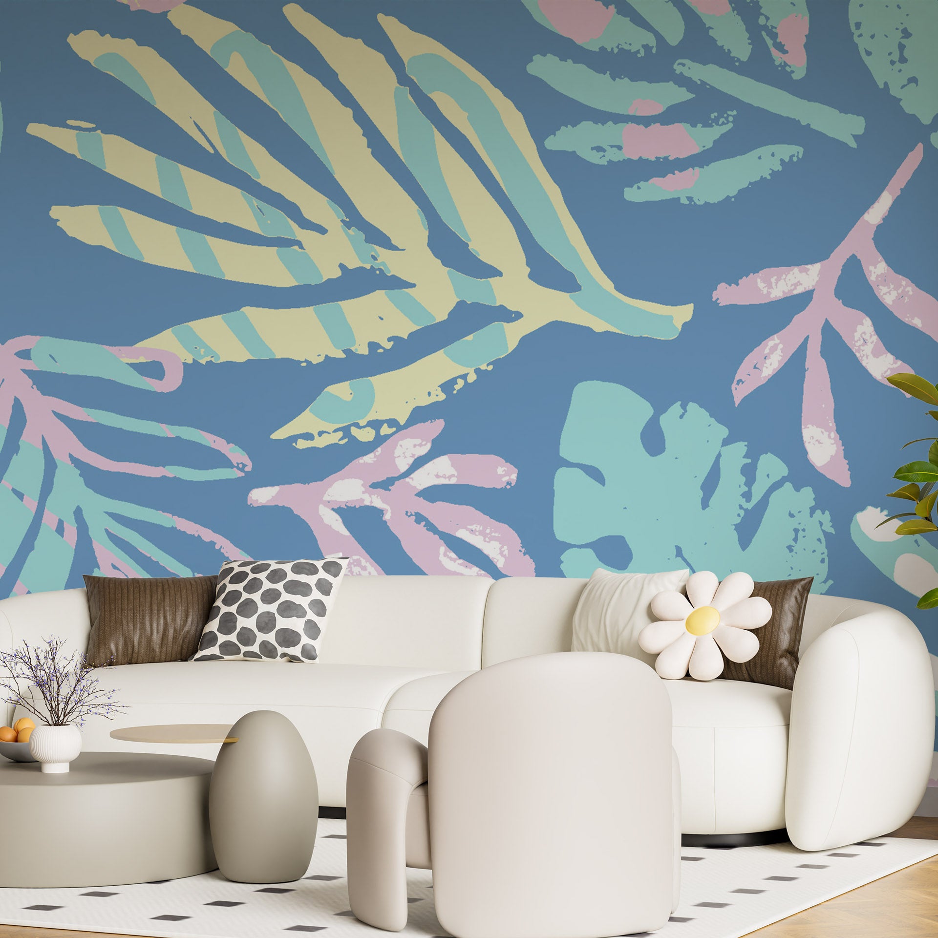 Muted azure adhesive wallpaper showcasing an elegant matte tropical leaf motif - Painted Breeze