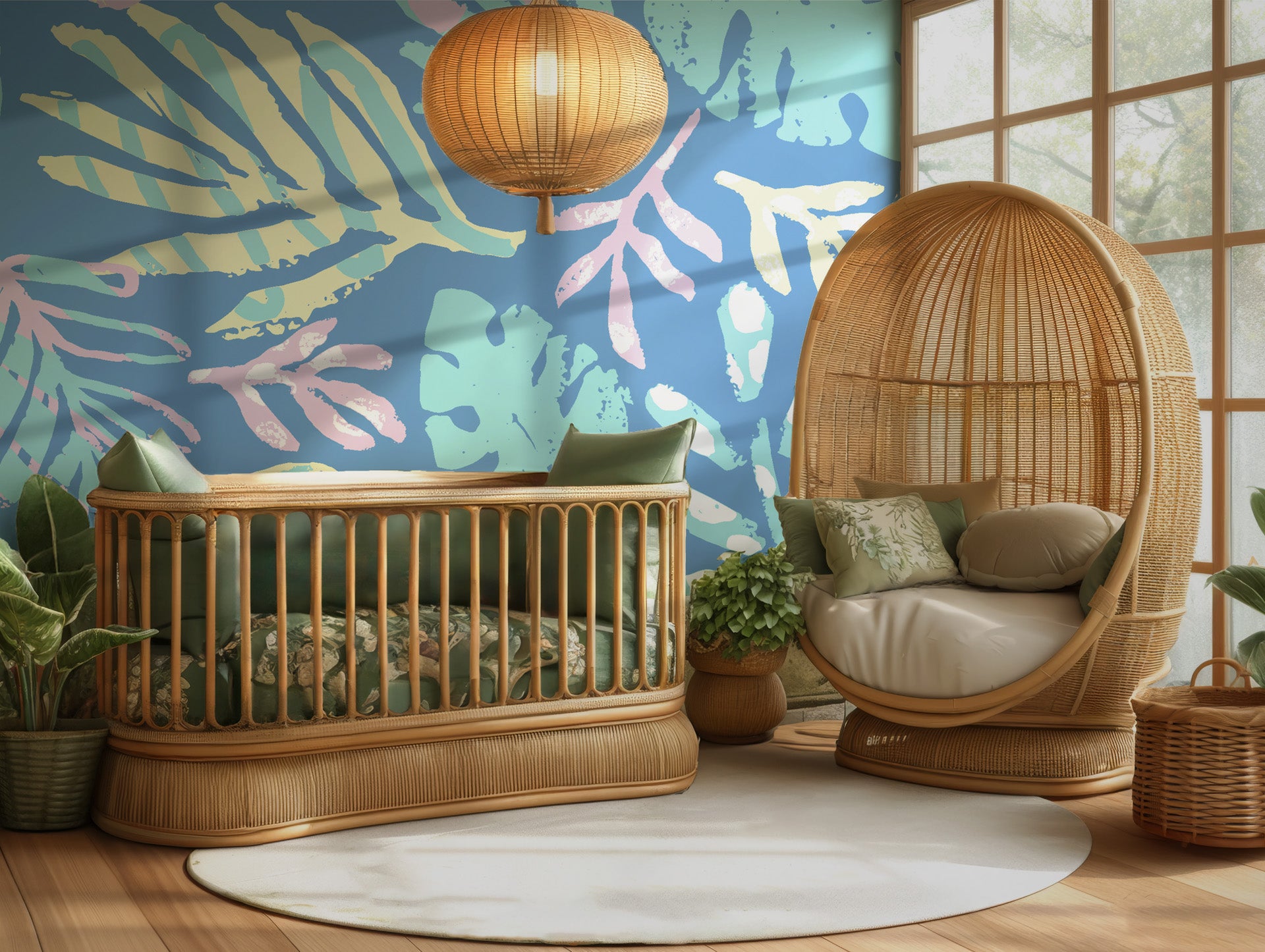 Pastel-toned tropical palms, appearing drawn with chalk, cover the surface of this calming blue wallpaper.