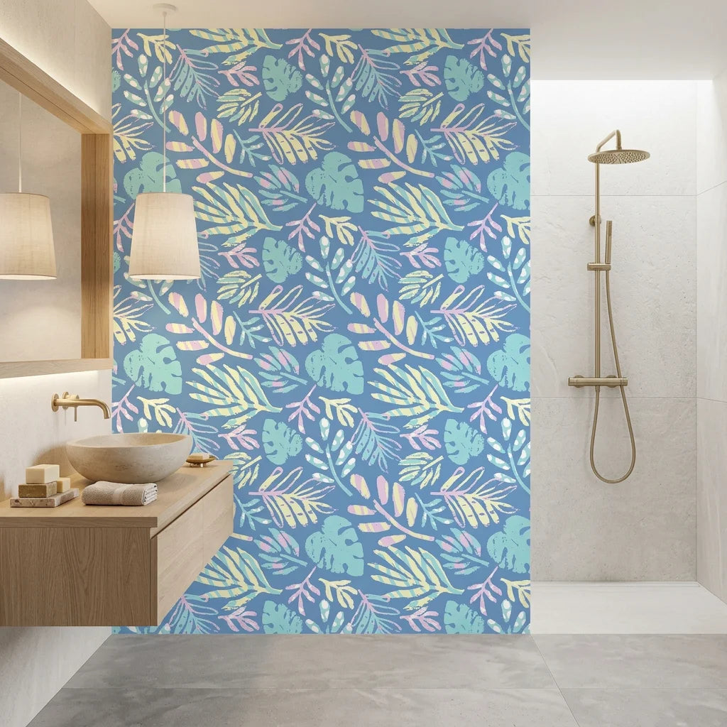 Painted Breeze pastel palm wallpaper creating ambiance in a serene bathroom