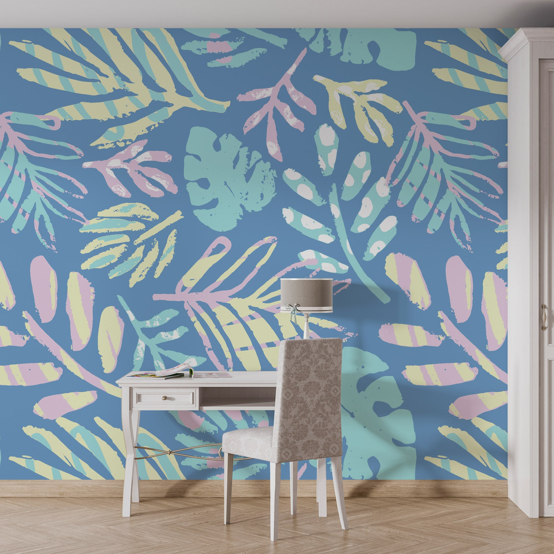 Soft pastel blue matte-finish peel and stick wallpaper with tropical foliage impressions - Painted Breeze
