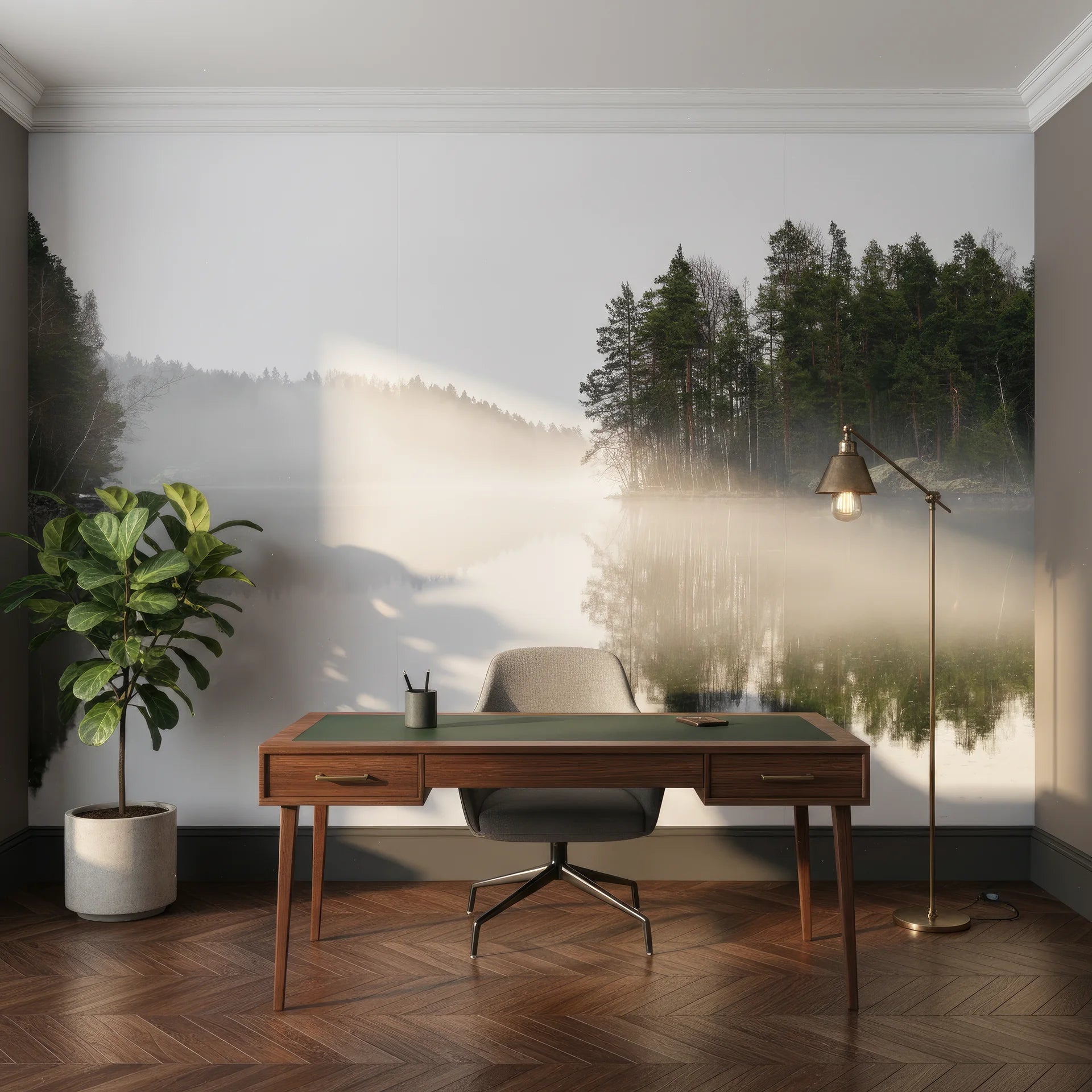 Coastal landscape rendered in artistic color peel and stick wallpaper